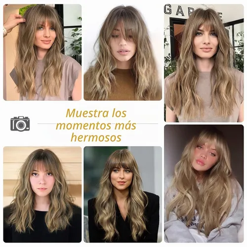 Vista 2 de HAIRCUBE Pelucas de color marrón a rubio con flequillo, pelucas sintéticas de cabello rizado, pelucas de cabello largo ondulado natural resistente