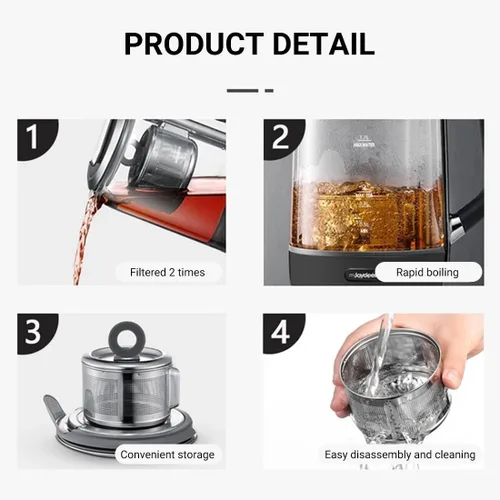 Vista 5 de Joydeem Máquina de té caliente, hervidor eléctrico de vidrio con infusor de té de elevación automática y control de temperatura, 1.7L, JD-ZC6088G