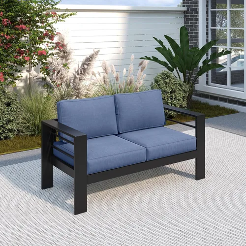 Vista 53 de Solaste Sofá de aluminio para patio con mesa auxiliar, juego de 3 muebles de patio con cojines, sofá de exterior para todo tipo de clima