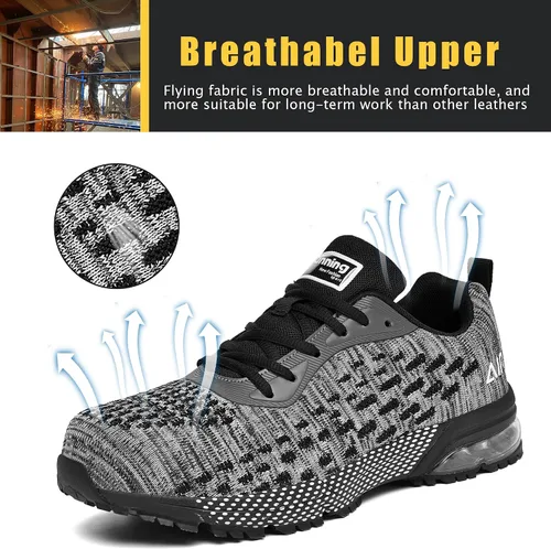 Vista 4 de HiHatide - Zapatos con punta de acero para hombre, zapatos de trabajo, zapatos de seguridad, con amortiguación de aire, ligeros, antideslizantes