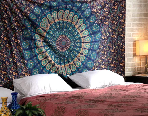 Vista 5 de Tapiz para pared con diseño hippie de mandala, bohemia e hindú Azul y verde