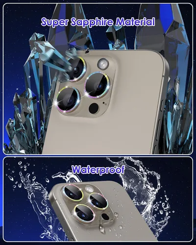 Vista 4 de Protector de lente de cámara con purpurina para iPhone 15 Pro/iPhone 15 Pro Max, acrílico transparente más anillo de aleación de aluminio 9H