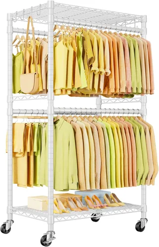 Vista 12 de ULIFHOME P4 Plus Perchero Rodante de Ropa Resistente, Percheros de Ropa para Colgar Ropa, Percheros de Vestir Independientes con Ruedas, Perchero