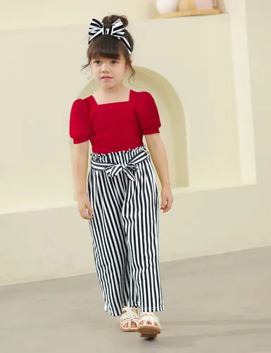 Vista 37 de DONWEN Conjunto de 3 piezas de ropa para niñas pequeñas y niñas con cuello cuadrado + pantalones elegantes + diadema para primavera y verano