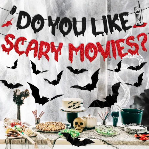 Vista 7 de Decoración de Halloween Do You Like Scary Movies Banner con adornos de murciélago en 3D, películas de terror sagradas, decoración de fiesta nocturna