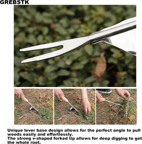 Vista 6 de GREBSTK - Horquilla de mano de acero inoxidable con mango de madera de haya, herramienta de jardín para airear, plantar, esparcir mantillo, quitar