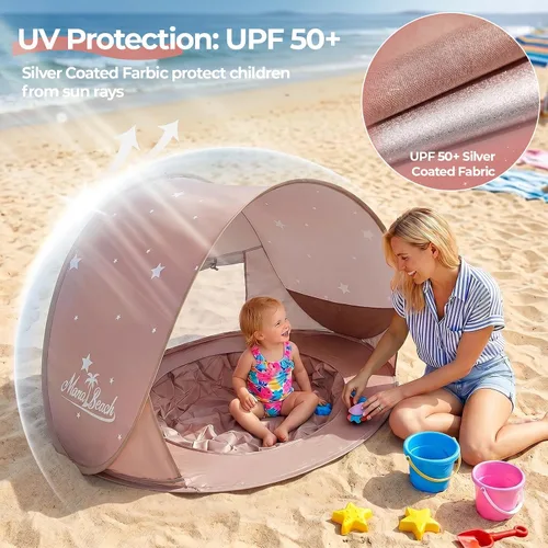 Vista 4 de Monobeach Tienda de campaña de playa para bebés con piscina: tienda de campaña desplegable con estrellas marrones para niños pequeños, refugio