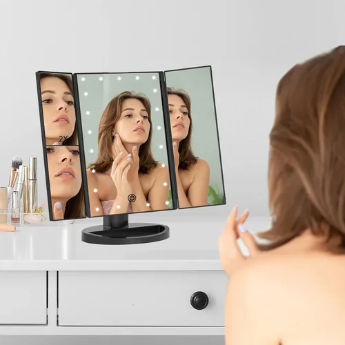 Vista 7 de FASCINATE Espejo de maquillaje iluminado, 21 luces LED brillantes, espejo de tocador tríptico LED con aumento 3x/2x/1x, control táctil de brillo