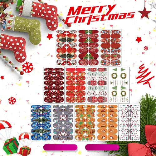 Vista 7 de 12 hojas de calcomanías de Navidad para uñas, tiras de esmalte de uñas, autoadhesivas, diseño de Papá Noel, árbol de Navidad, copo de nieve con 2