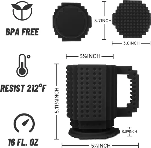 Vista 5 de FUBARBAR Taza de café de ladrillo – Divertida taza novedosa con tapa y pajilla, taza de juguete de bloque de construcción, idea de regalo