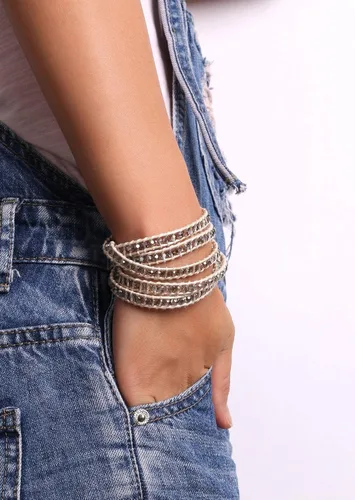Vista 6 de KELITCH Pulsera de 5 envolturas con cuentas de cristal gris de moda, pulseras de amistad de cuero, joyería para mujer, Cristal, Ágata