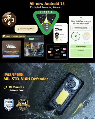 Vista 5 de Ulefone Armor 30 4G Android 15 Teléfono resistente, 24 GB+512 GB, pantalla FHD de 120 Hz de 6.95", luz LED versátil de 1236LM, cámara visión
