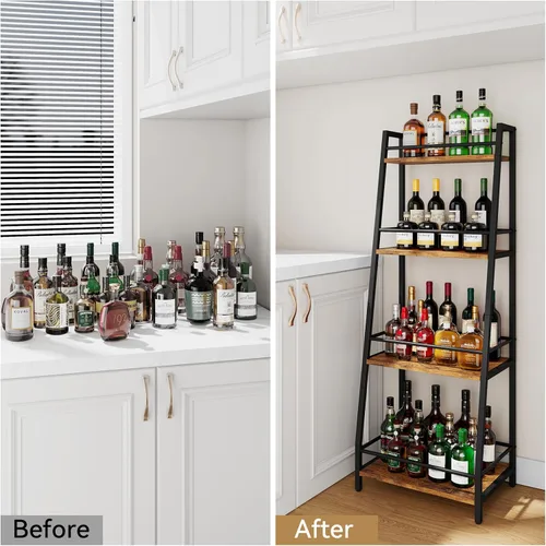 Vista 5 de YMYNY 4Tier Liquor Stand Trapezoid Wine Rack Freestanding Floor Retro Brown