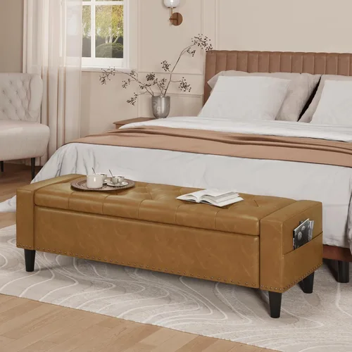 Vista 14 de Banco otomano de almacenamiento de 60 pulgadas, banco de cama tapizado de Blanco crema