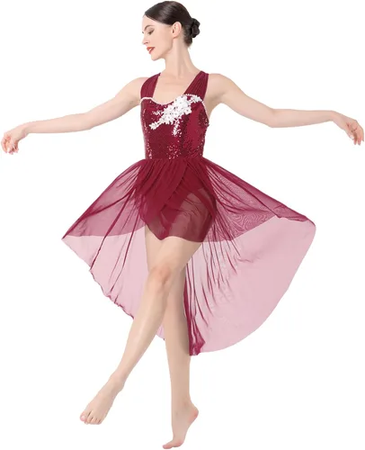 Vista 2 de ODASDO Vestido de baile lírico para mujeres adultas, moderno, contemporáneo, con lentejuelas, tul de malla, falda alta y baja, ropa de baile