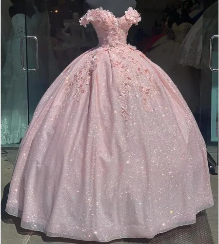 Vista 6 de Ftupza Preciosos vestidos de quinceañera florales 3D vestidos de tul hinchados para mujeres fuera del hombro vestido de fiesta largo FFtu09