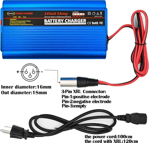 Vista 3 de Unocho Mantenedor de cargador de batería de 24V 5A Cargador inteligente de plomo-ácido de 4 etapas con conector XLR de 3 pines interruptor