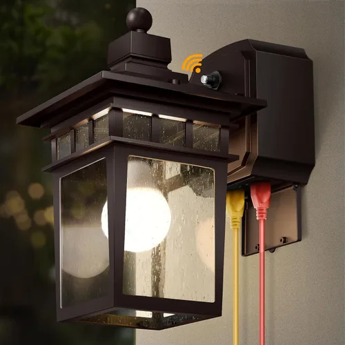 Vista 22 de Luces de Porche Exteriores con Sensor de Movimiento con Toma GFCI, 3 Modos de Luminaria Exterior del Anochecer al Amanecer, Luminaria de Iluminación