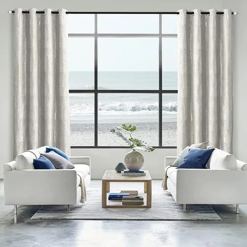 Vista 7 de Cortinas de patrón geométrico jacquard 100% opacas beige y plateado, 42 pulgadas de ancho y 63 pulgadas de largo, 2 paneles con aislamiento térmico
