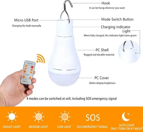 Vista 3 de Bombillas solares recargables con temporizador remoto, 4 modos de iluminación solar para interiores y exteriores, gallinero, huracán, iluminación