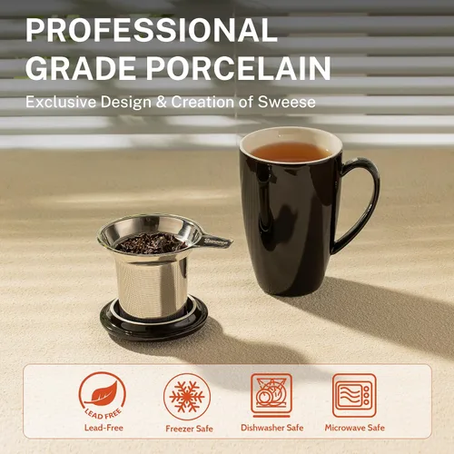 Vista 3 de Sweese Taza de té de porcelana de 15 onzas con infusor y tapa, taza de té de hojas sueltas, regalos para amantes del té, color negro