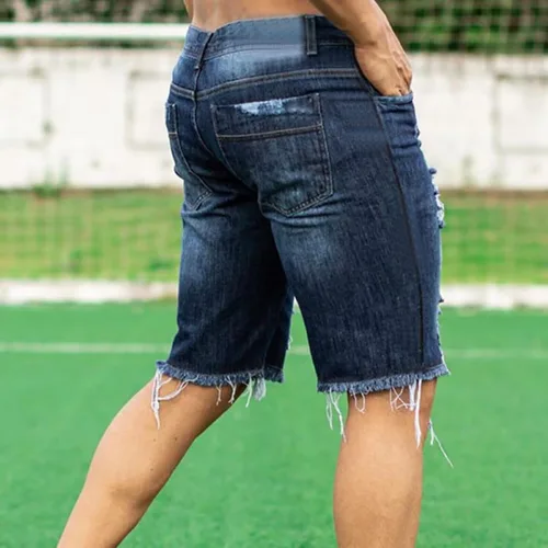 Vista 3 de Pantalones de mezclilla rasgados para hombre, elásticos, lavados, corte clásico, pantalones cortos de mezclilla casuales