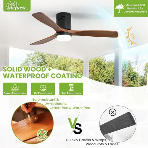 Vista 9 de Sofucor - Ventilador de techo empotrado y de varilla corta de 52 pulgadas con luz, ventilador de techo moderno de madera sólida con flujo de aire