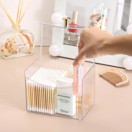 Vista 4 de Tbestmax Dispensador Portahisopo de 2 Secciones, Organizador Transparente de Baño de 2 Rejillas, Contenedor de Almacenamiento de Cosméticos