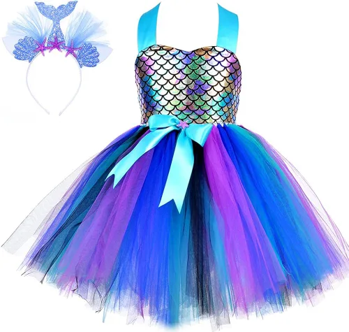 Vista 4 de Soyoekbt Girls Mermaid Costume LED Light Up Princess Tutu Dress for Halloween Birthday with Headband 3-8 Years