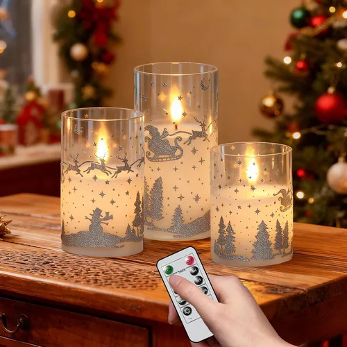 Vista 9 de Velas de Cristal sin Llama de Árbol de Navidad con Control Remoto Temporizador Operadas con Batería Cera Real Mecha 3D LED Parpadeantes Velas