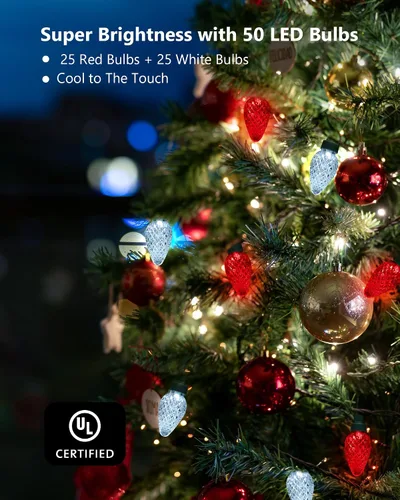 Vista 2 de Juego de 2 luces LED C7 de Navidad, 25.16 pies, 50 luces LED conectables para interiores y exteriores, luces navideñas rojas y blancas para casa
