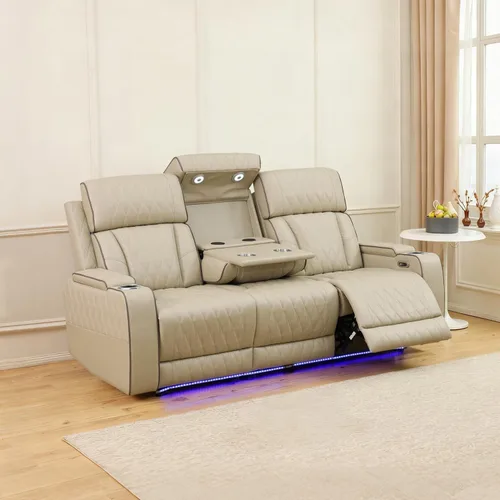 Vista 38 de Sofá reclinable con luces LED, sofá reclinable de cuero con dos asientos reclinables/puerto USB/consola de almacenamiento/soporte para vasos