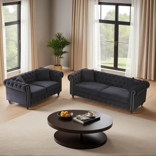 Vista 11 de Sofá Chesterfield de terciopelo grande de 85.5 pulgadas, sofá moderno de 3 plazas con brazos enrollados con diseño de botón y 2 cojines para sala