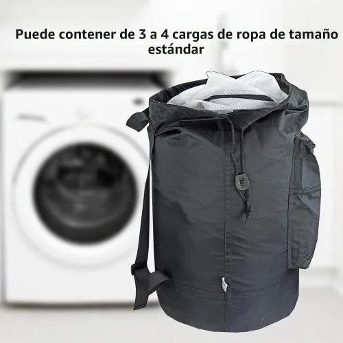 Vista 4 de Mochila lavable con bolsillo con cremallera, bolsa de ropa resistente, 2 correas de hombro ajustables fuertes con cierre de cordón para viajes Negro