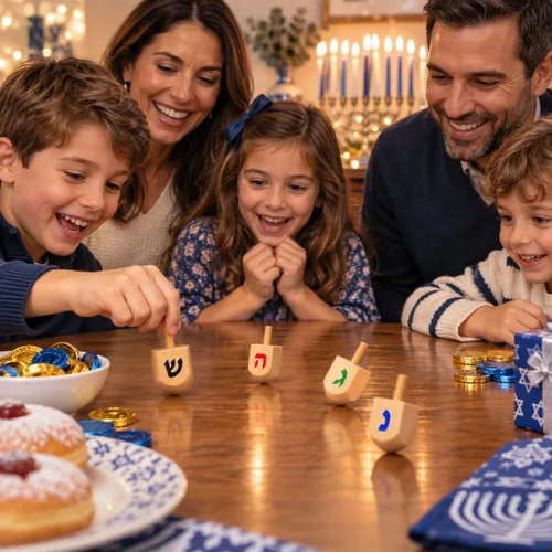 Vista 6 de Paquete de 10 Dreidels Hanukkah Draydel de madera natural con tarjetas de transliteración e instrucciones en inglés