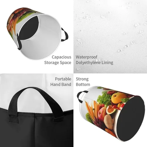 Vista 4 de Cesta circular con estampado de verduras y frutas, impermeable, cesta organizadora de ropa, con asas, para ropa, juguetes, pequeña