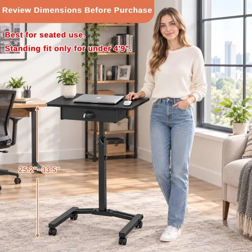 Vista 9 de Escritorio de computadora de altura ajustable con cajones, pequeño carrito de escritorio móvil para laptop con ruedas para espacios pequeños