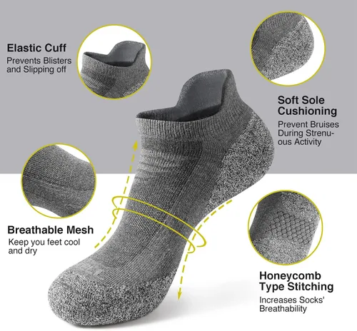 Vista 2 de VWELL Calcetines deportivos de tobillo para hombres y mujeres acolchados de corte bajo con pestaña de corte bajo 6 pares