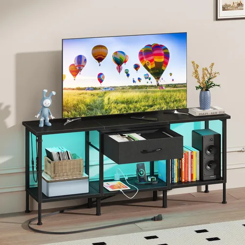 Vista 9 de GYIIYUO Soporte de TV LED con toma de corriente y cajón de tela para TV de 55, 50, 45 pulgadas, centro de entretenimiento y consola de TV industrial