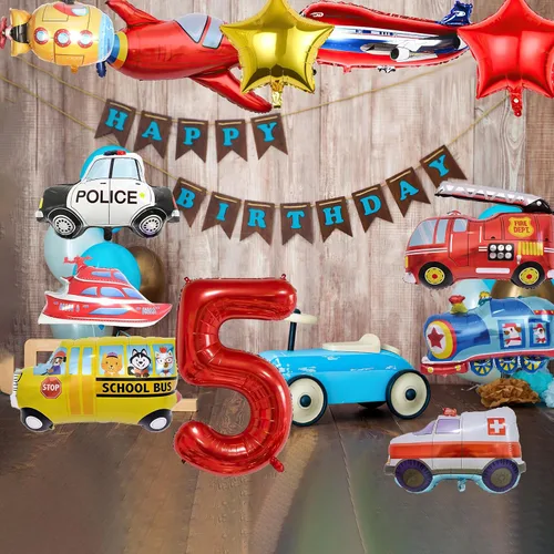 Vista 7 de 12 globos de transporte, camión, avión, autobús escolar, camión de bomberos, coche de policía, barco, ambulancia, submarino, globos de aluminio