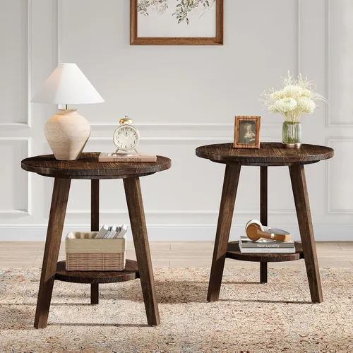 Vista 10 de Mesa de noche redonda de madera maciza, mesa auxiliar para sofá con estante de almacenamiento, mesita de noche de estilo granja para sala de estar