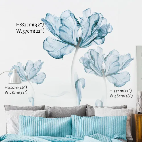 Vista 3 de Runtoo Calcomanías de pared de flores azules, diseño floral de amapola para niñas, dormitorio, sala de estar, baño, oficina, TV, decoración de fondo