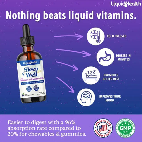Vista 2 de LIQUIDHEALTH Sleep Well Natural Sleep Aid - Gotas de melatonina – Mejor sueño y estado de ánimo, relaja y calma la mente, duerme más rápido