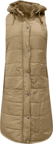 Vista 4 de FQZWONG Chaqueta acolchada larga para mujer, chaleco acolchado a la moda, ligero, con cremallera, sin mangas, con capucha, ropa de invierno