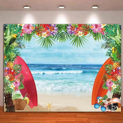 Vista 5 de HQM Fondo de fotos con temática de playa tropical de verano, 5 x 3 pies, tela para conchas de playa, Hawaii, flor de mar azul, para niños