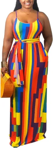 Vista 2 de BFFBABY Womens Summer Suspender Maxi Dress Plus Size Striped Printed Sleeveless with Pockets and Belt