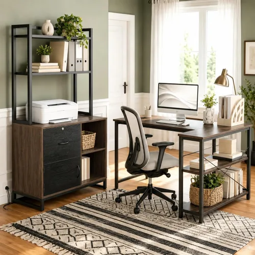 Vista 6 de Homieasy Archivador vertical con cerradura y estación de carga, archivador de madera con cajón grande con estantería, soporte de impresora