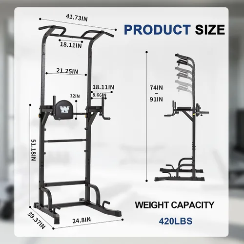 Vista 7 de BARWING Power Tower - Estación de barra de dominadas de altura ajustable para gimnasio en casa, equipo de entrenamiento de fuerza, 550 libras