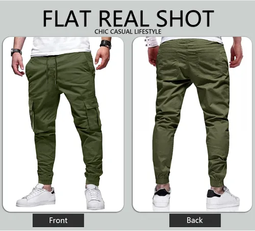 Vista 4 de LVCBL Pantalones cargo de algodón para hombre con cordón en la cintura, pantalones cargo ajustados