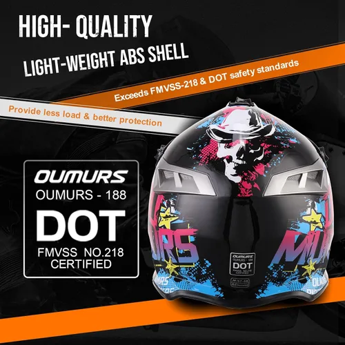 Vista 6 de OUMURS DOT Casco de Dirt Bike para Adultos con Gafas, Guantes y Máscara, Visera Solar Ajustable, Casco de Motocicleta ATV Todoterreno Motocross